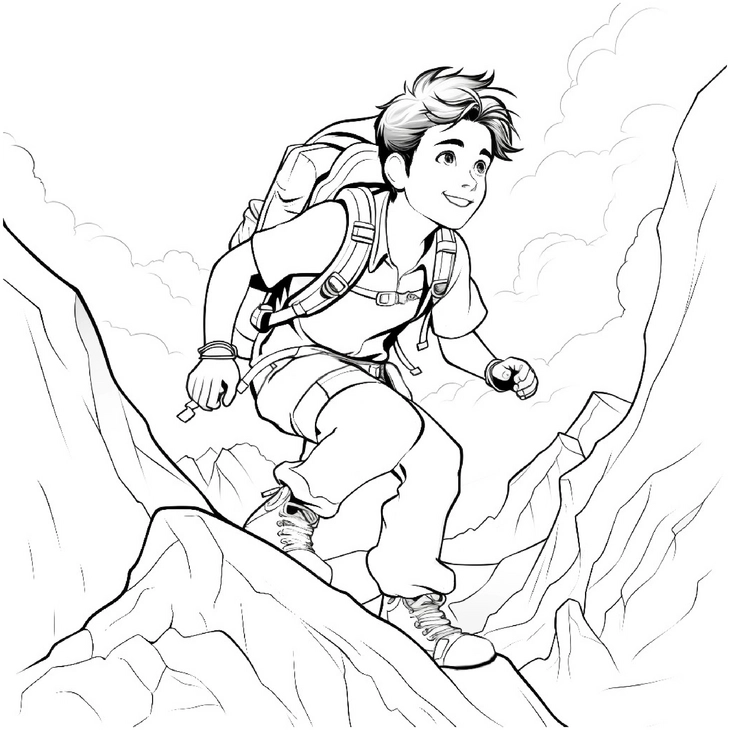 malvorlage-abenteuerlustiger-junge-beim-bergwandern