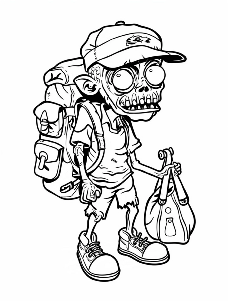 malvorlage-abenteuerlustiger-zombie-mit-rucksack-und-tasche