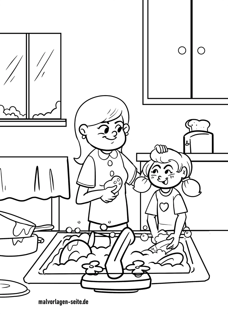 malvorlage-abwaschen-mit-mutter-und-kind