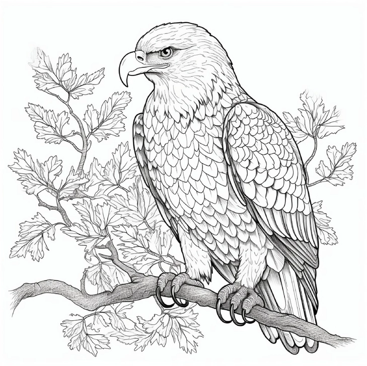 malvorlage-adler-auf-ast-mit-laubbäumen