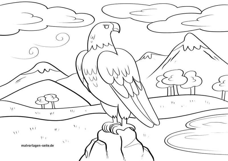 malvorlage-adler-natur-mit-bergen-und-see