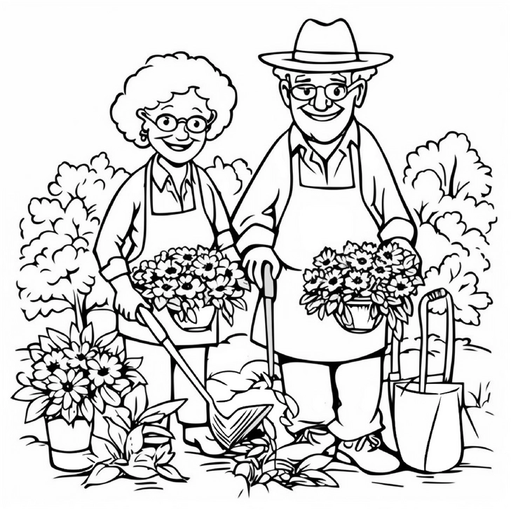 malvorlage-aelteres-paar-im-garten-blumen-pflanzen