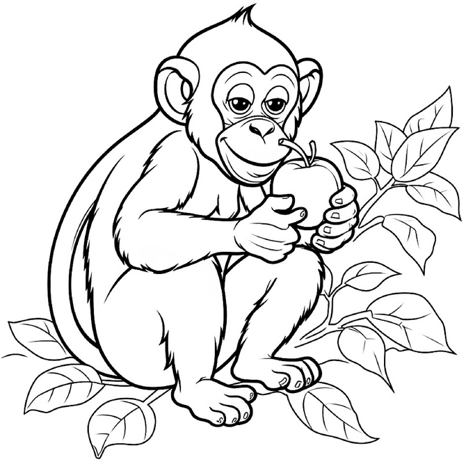 malvorlage-affe-mit-apfel-auf-ast