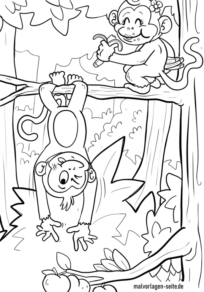 malvorlage-affen-im-dschungel-mit-bananen-und-pflanzen
