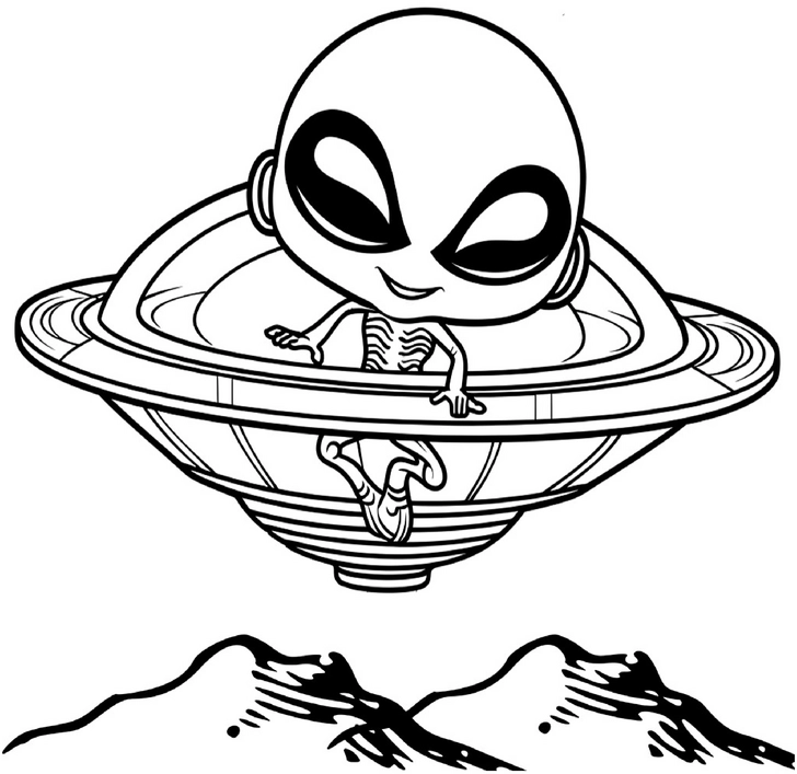 malvorlage-alien-im-ufo-schwebend-umgebene-berge