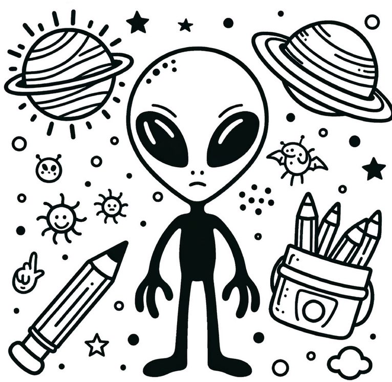 malvorlage-alien-im-weltall-mit-planeten-und-kreaturen