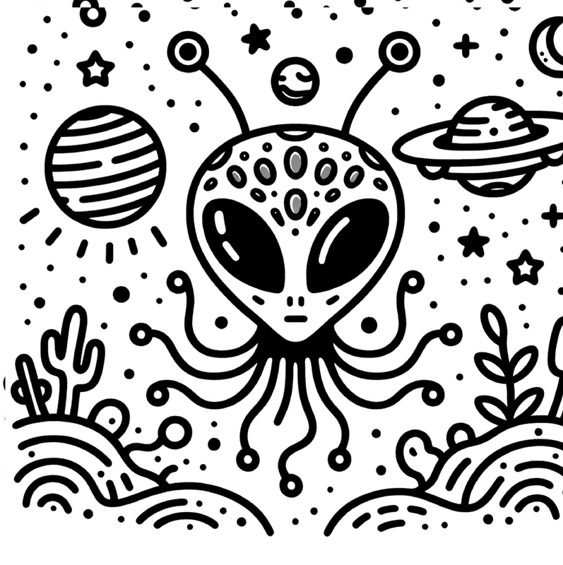 malvorlage-alien-im-weltall-mit-planeten-und-sternen