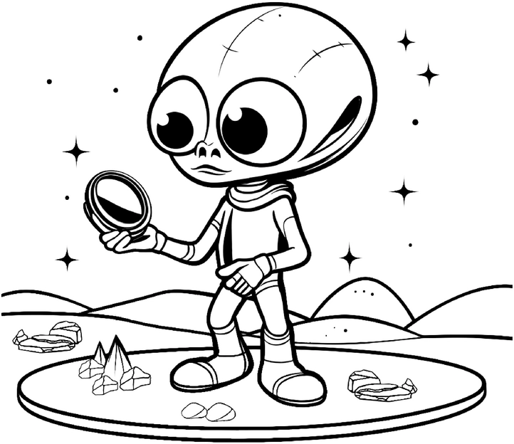malvorlage-alien-im-weltall-mit-spiegel-und-kristallen