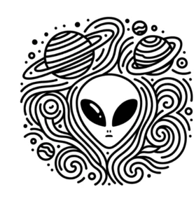 malvorlage-alien-umgeben-von-planeten-und-sternen