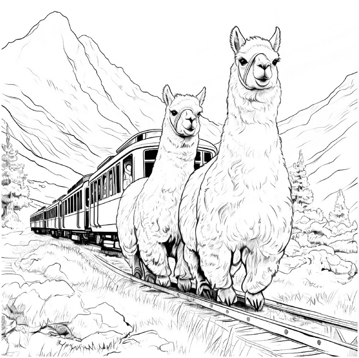malvorlage-alpakas-auf-schienen-im-zug