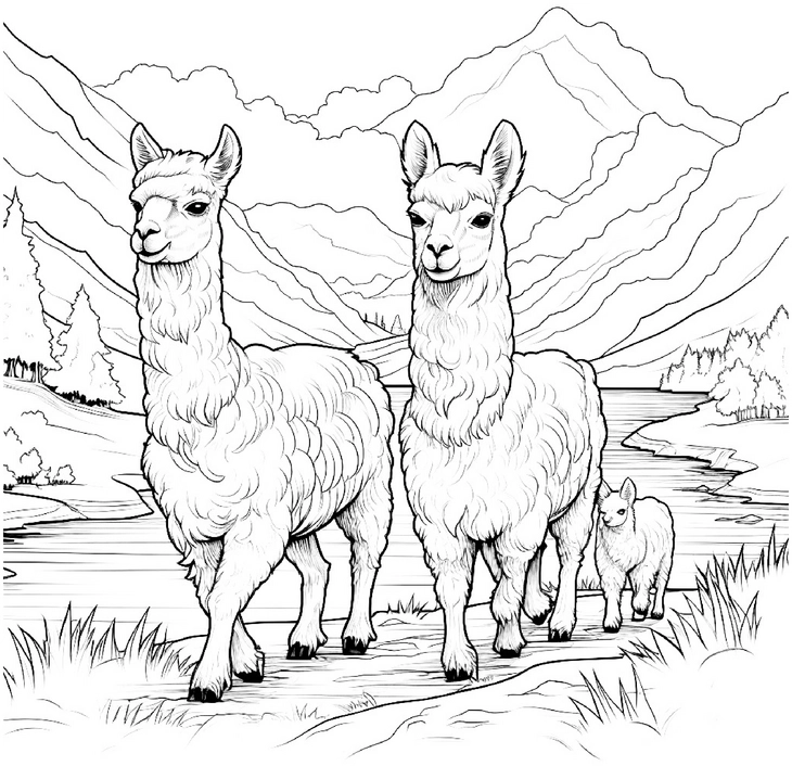 malvorlage-alpakas-in-naturlandschaft