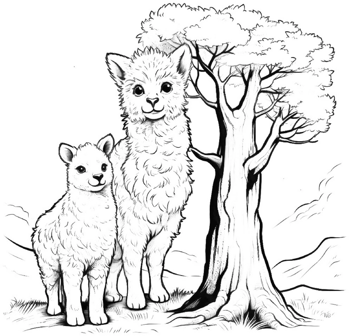 malvorlage-alpakas-natur-mit-baum