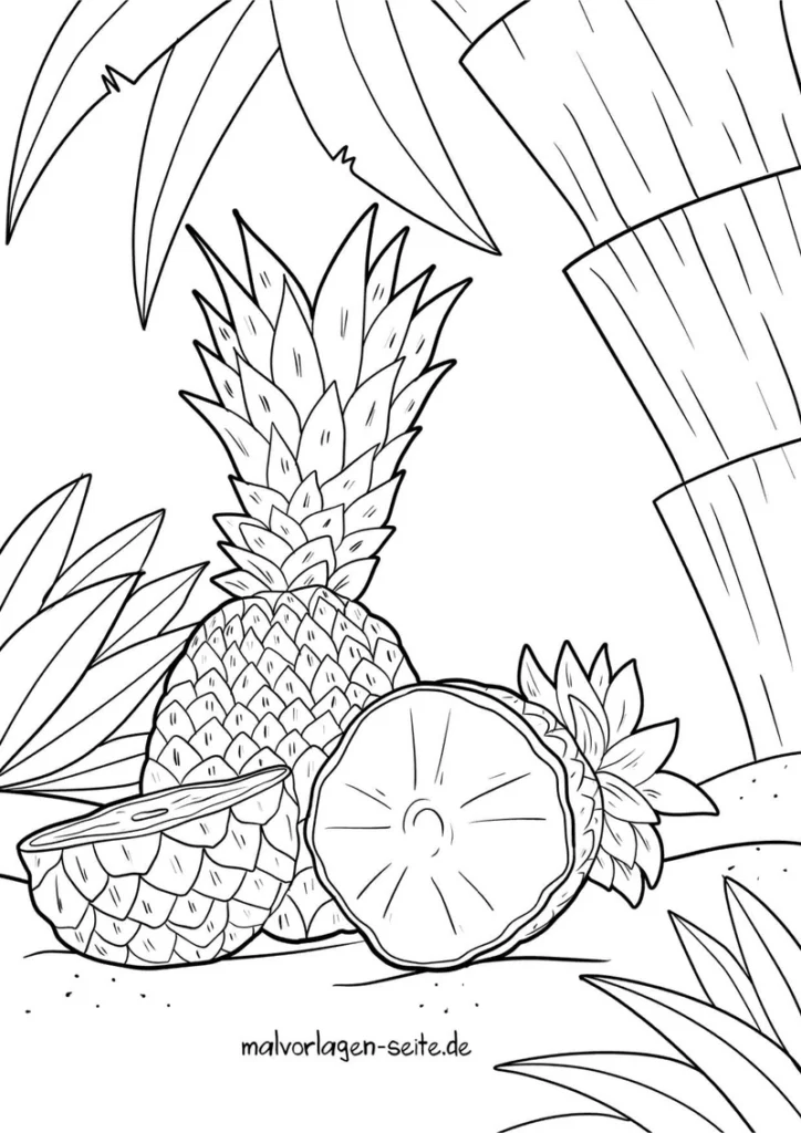 malvorlage-ananas-und-pflanzen-zum-ausmalen