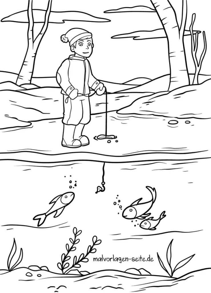 malvorlage-angeln-im-winter-mit-fischen-unter-dem-eis