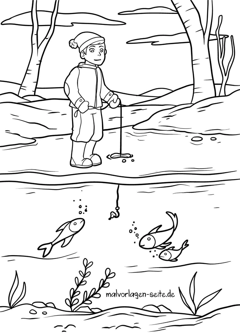 malvorlage-angeln-im-winter-mit-fischen-unter-dem-eis