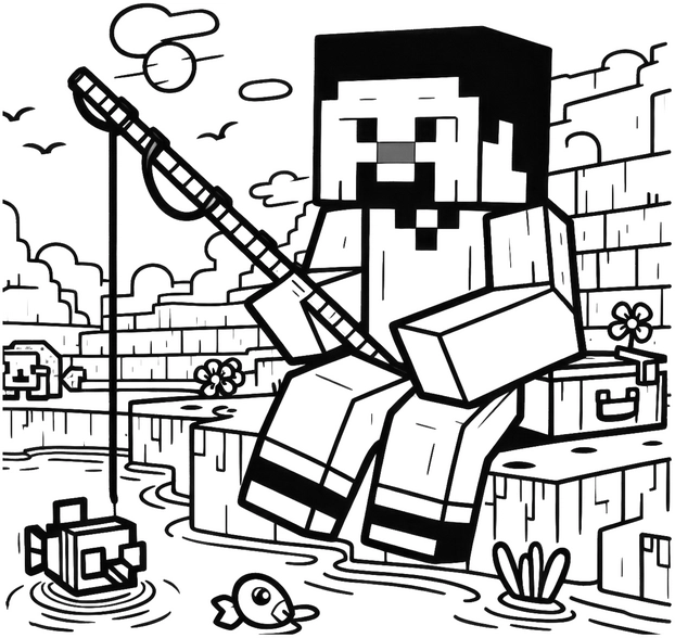 malvorlage-angeln-in-pixelwelt-mit-fischen-und-landschaft