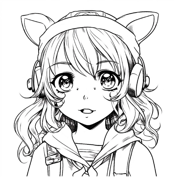 malvorlage-anime-maedchen-mit-katzenohren-und-kopfhoerern
