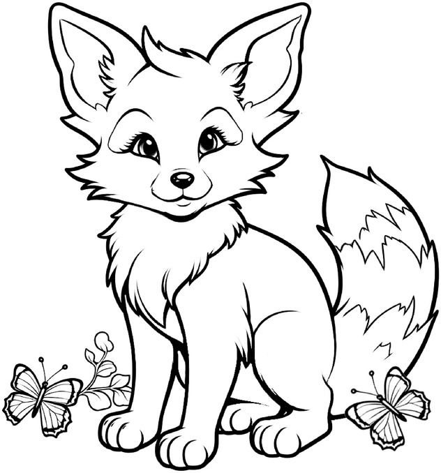 malvorlage-anmutiger-fuchs-blumen-schmetterlinge