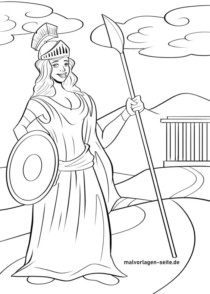 malvorlage-antike-kriegerin-mit-schild-und-speer