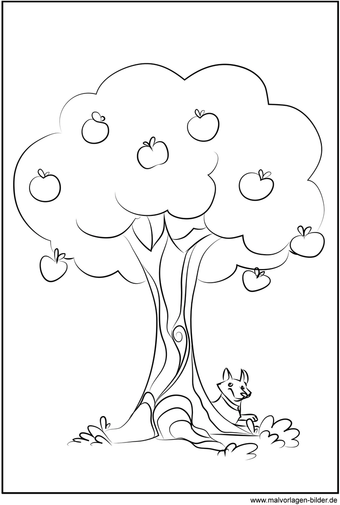 malvorlage-apfelbaum-hund-ausmalbild