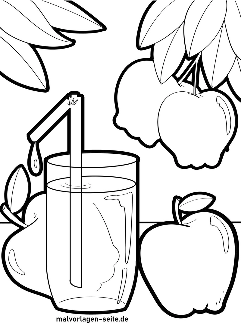 malvorlage-apfelsaft-mit-aepfeln-und-blaettern