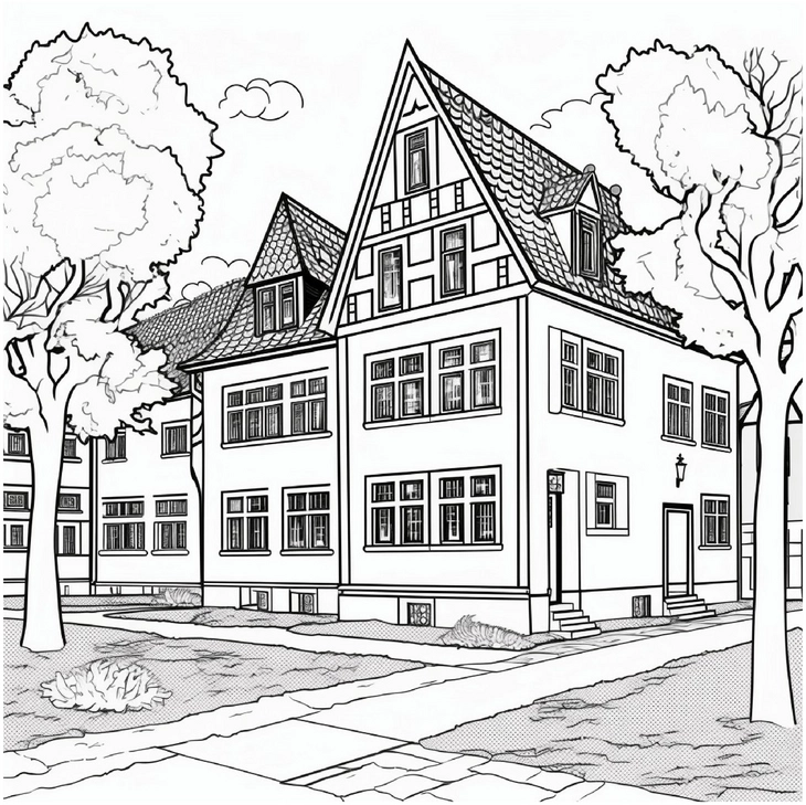 malvorlage-architektonisches-haus-mit-baeumen-und-garten