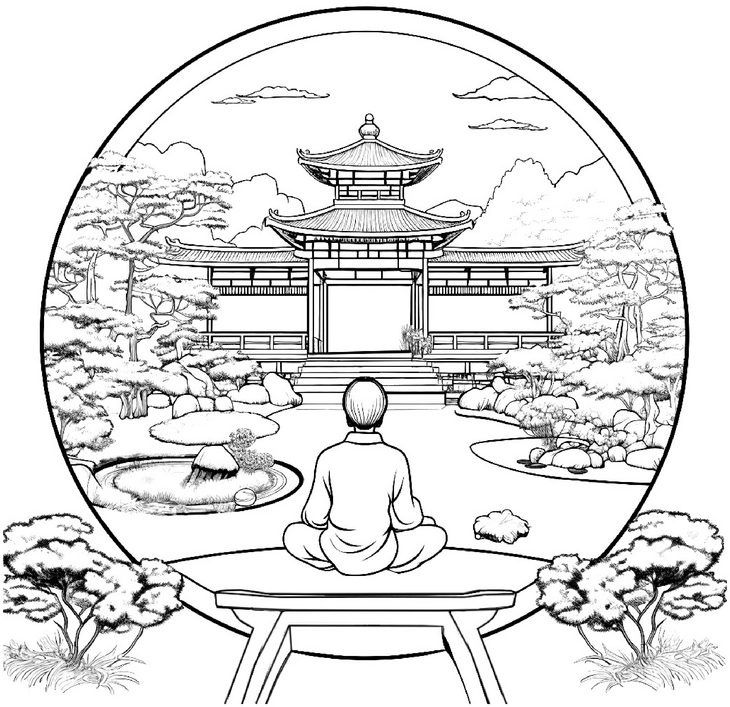 malvorlage-asiatischer-garten-mit-meditierendem-menschen