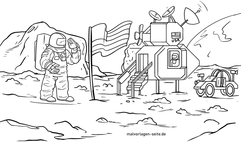 malvorlage-astronaut-auf-dem-mond-mit-flagge-und-mondlandefaehre