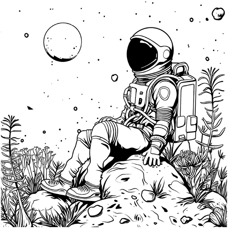 malvorlage-astronaut-im-weltall-mit-pflanzen