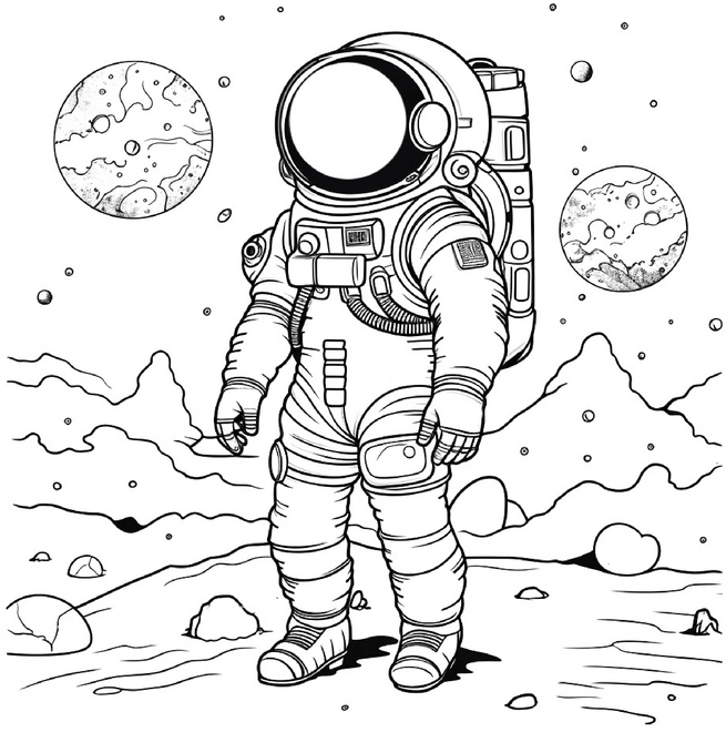malvorlage-astronaut-im-weltall-mit-planeten-und-landschaft