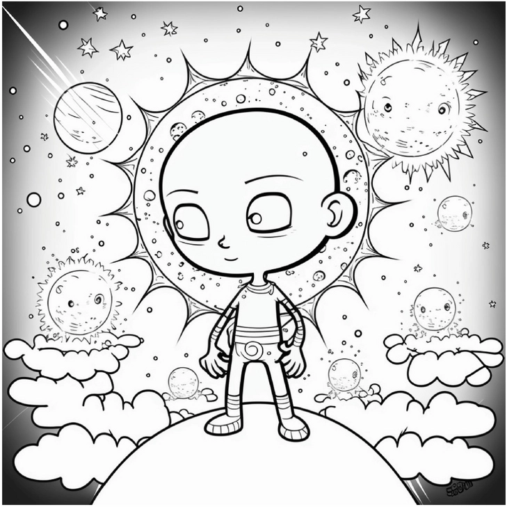 malvorlage-astronaut-im-weltall-mit-sonne-und-planeten