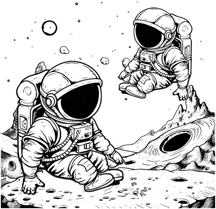 malvorlage-astronauten-im-weltall-mit-planeten-und-schwarzem-loch