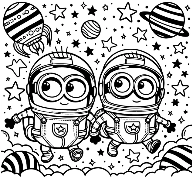 malvorlage-astronauten-im-weltall-mit-planeten-und-sternen