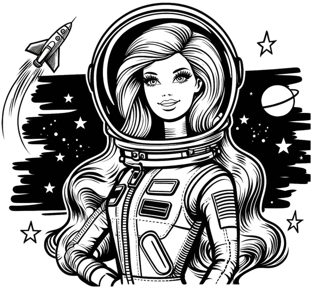 malvorlage-astronautin-im-weltall-mit-rakete-und-sternen