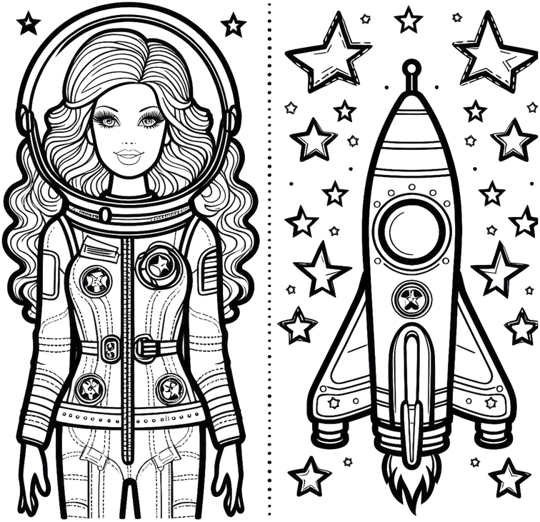 malvorlage-astronautin-im-weltall-mit-raumschiff-und-sternen