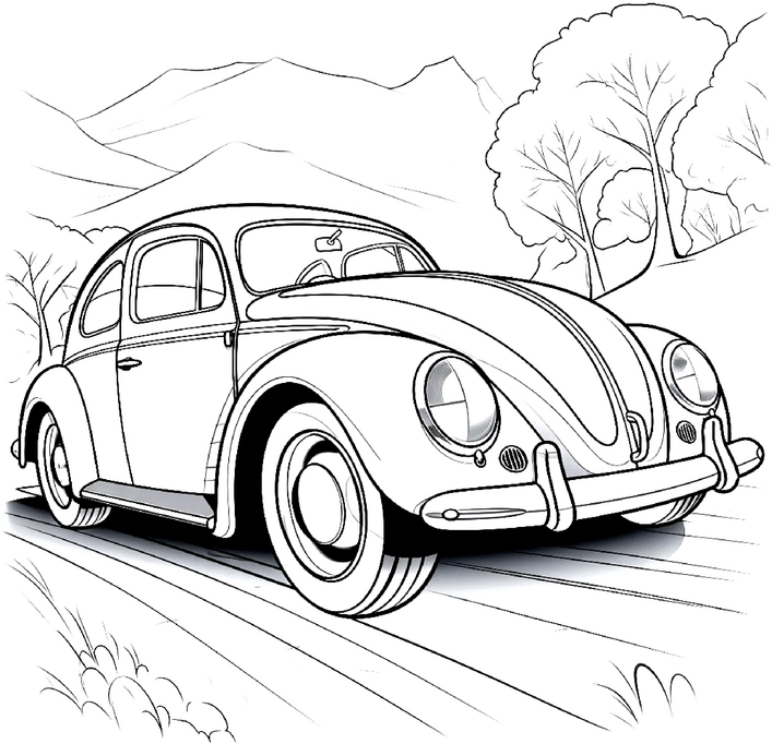 malvorlage-auto-in-landschaft-mit-baeumen-und-bergen