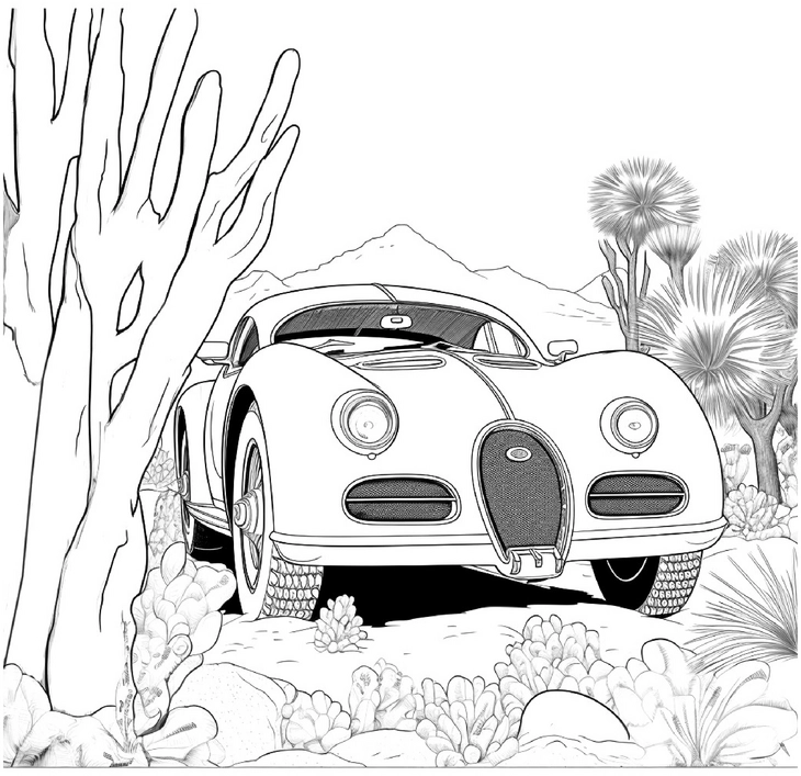 malvorlage-auto-in-natur-mit-pflanzen-und-bergen