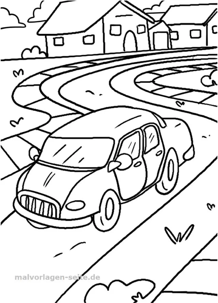 malvorlage-auto-kurvige-strasse-häuser