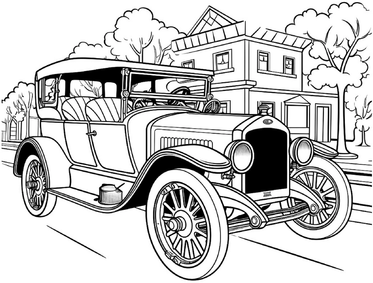 malvorlage-auto-vor-haus-vintage-auto-ausmalen
