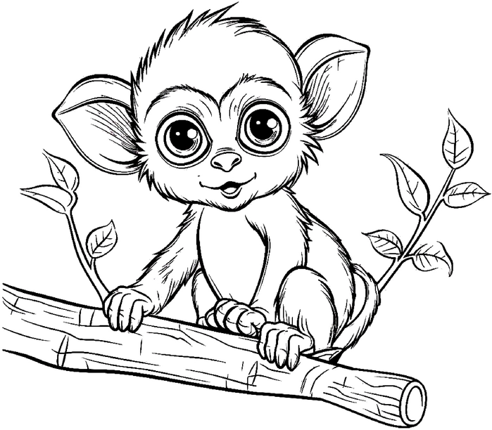 malvorlage-baby-affe-auf-baum-mit-blaettern