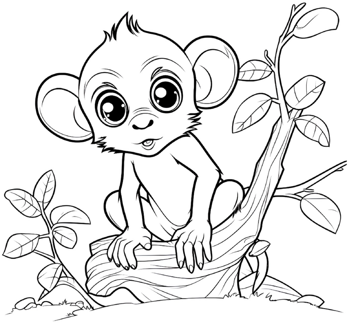 malvorlage-baby-affe-auf-baumstamm