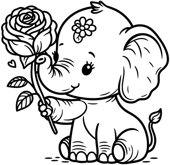malvorlage-baby-elefant-mit-rose