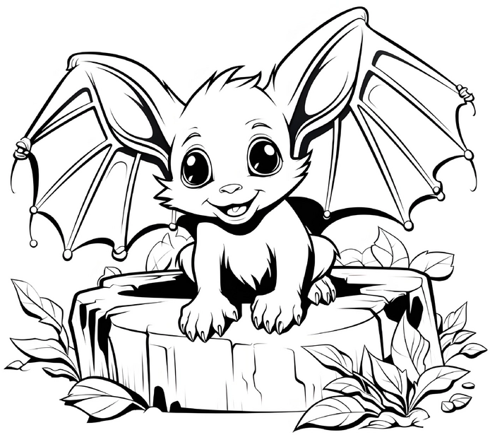 malvorlage-baby-fledermaus-auf-baumstumpf