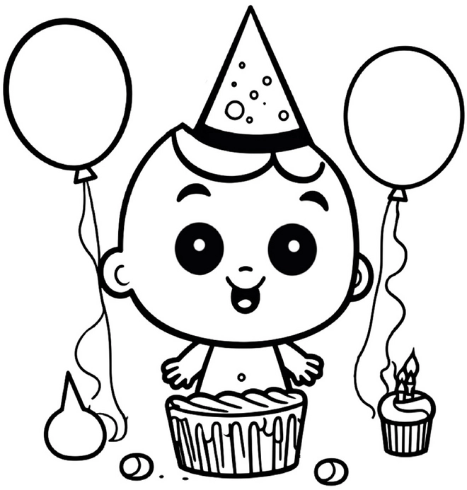 malvorlage-baby-geburtstag-mit-torte-und-luftballons