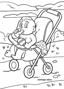 malvorlage-baby-im-kinderwagen-mit-flasche