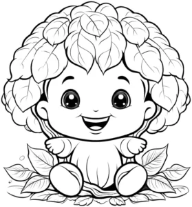 malvorlage-baby-mit-blattkopfbedeckung-und-pflanzen