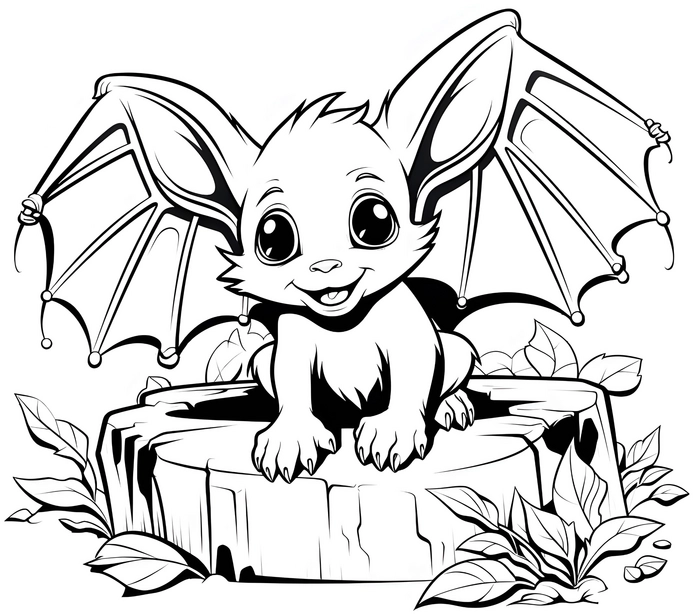 malvorlage-babyfledermaus-auf-baumstumpf