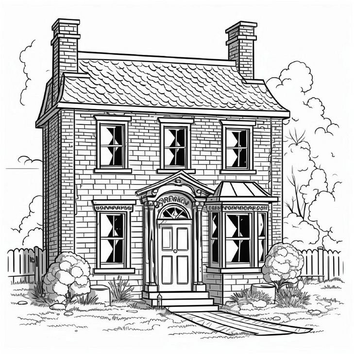 malvorlage-backsteinhaus-mit-fenstern-und-garten