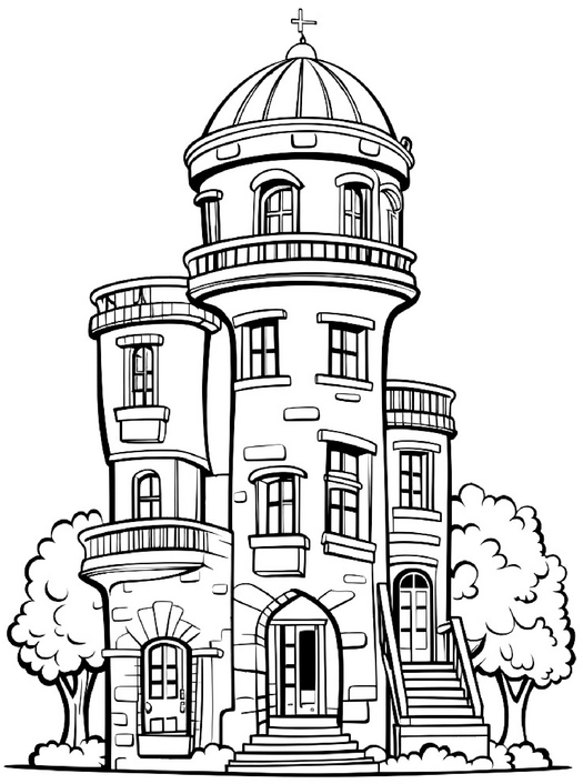 malvorlage-backsteinturm-mit-baeumen-und-kuppel