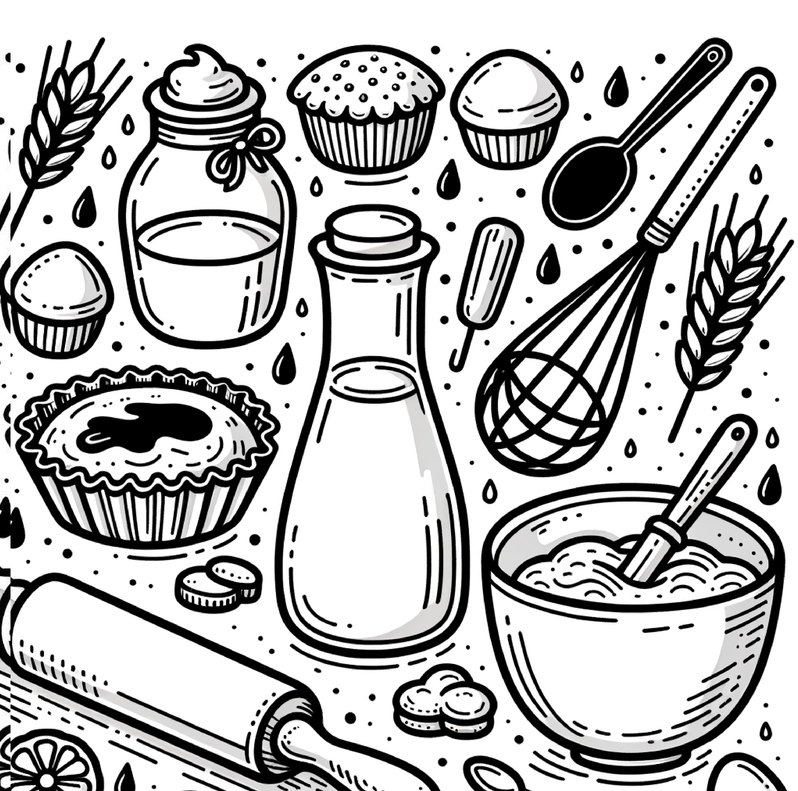 malvorlage-backutensilien-und-leckere-lebensmittel